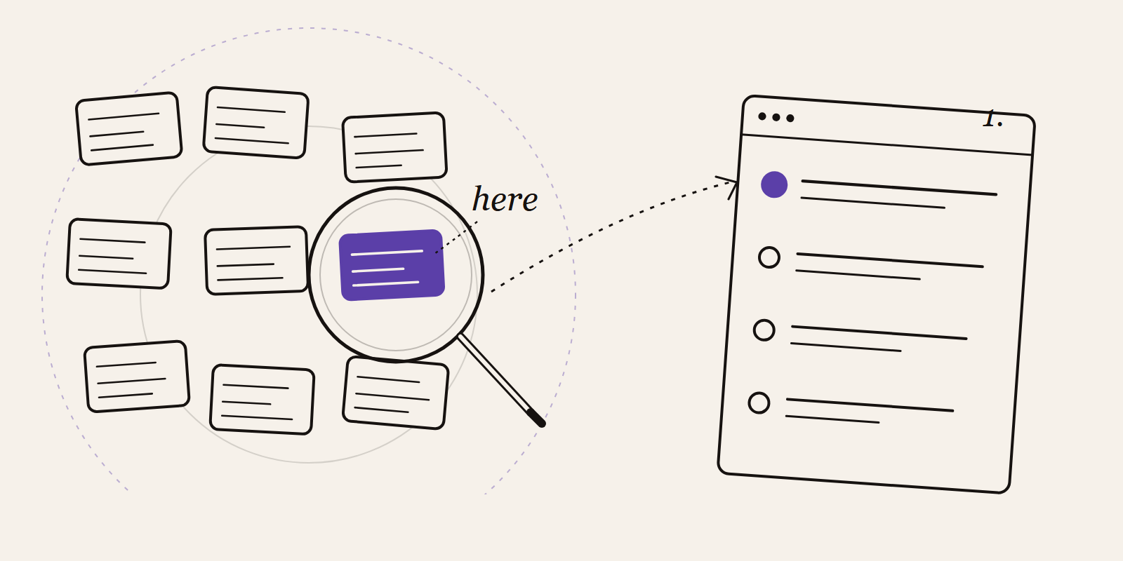 Hand-drawn illustration of a magnifying glass hovering over a grid of small task cards. One highlighted plum card inside the lens flows into a prioritized automation pipeline on the right.